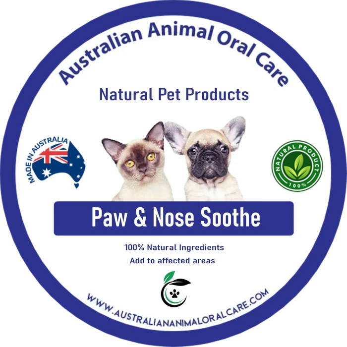 Round label design for Australian Animal Oral Care Paw and Nose Soothe, featuring a cat and a puppy