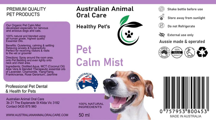 Product label for Pet Calm Mist listing ingredients, benefits and usage directions, with a dog photo and barcode