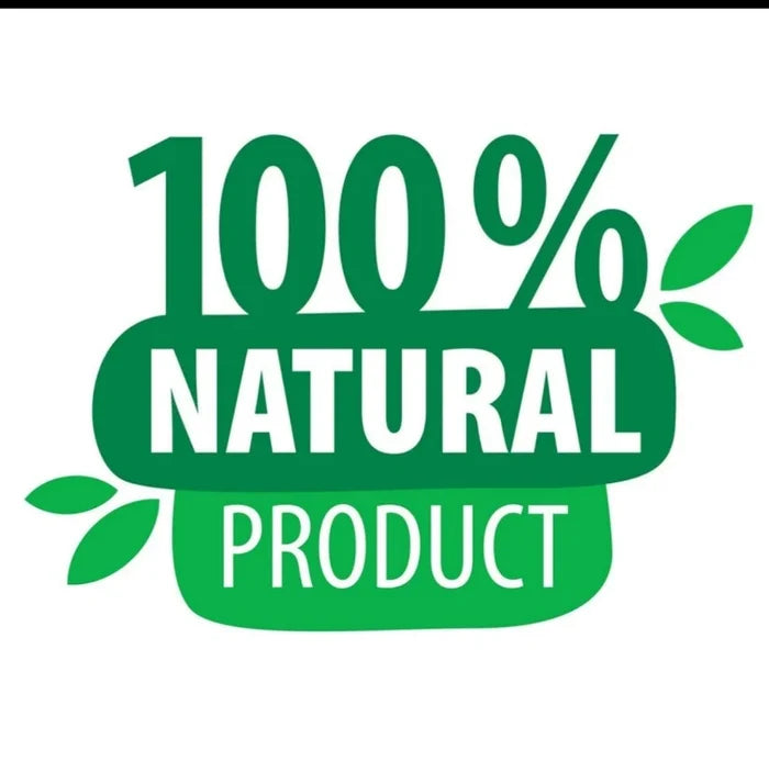 Green '100% Natural Product' badge graphic with leaf illustrations