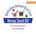 Round Australian Animal Oral Care Hemp Seed Oil label with a cat, a French bulldog puppy and a hemp leaf icon