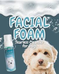 Bio-Groom Facial Foam bottle with a fluffy white dog and bubble graphics, 'Tearless Cleanser for Dogs'