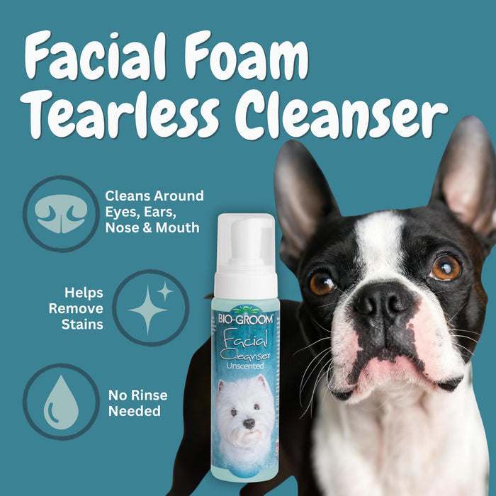 Bio-Groom Facial Cleanser bottle beside a Boston Terrier, with icons for eye/ear cleaning and stain removal