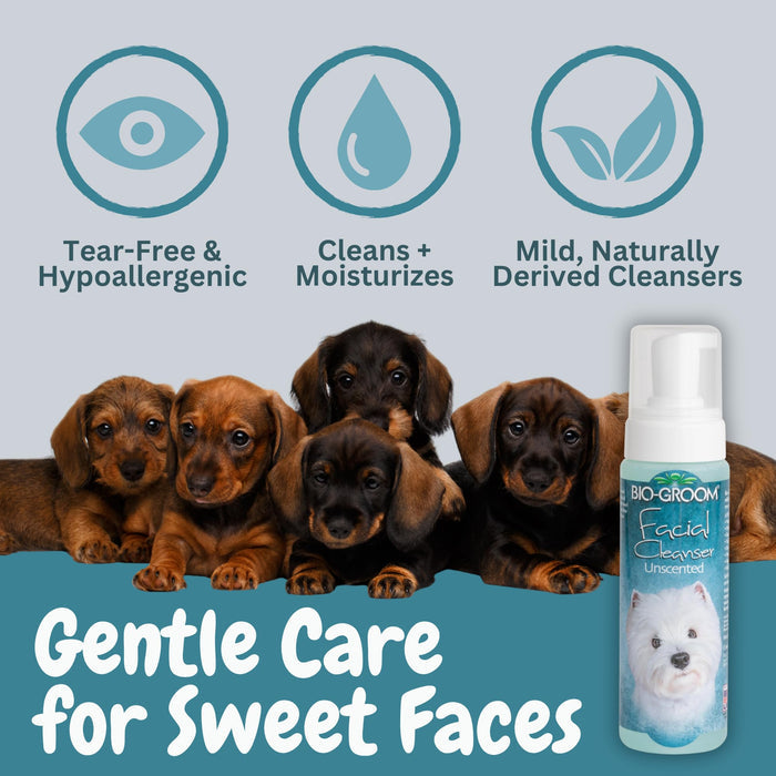 Bio-Groom Facial Cleanser bottle with dachshund puppies and icons for tear-free, moisturising, mild formula