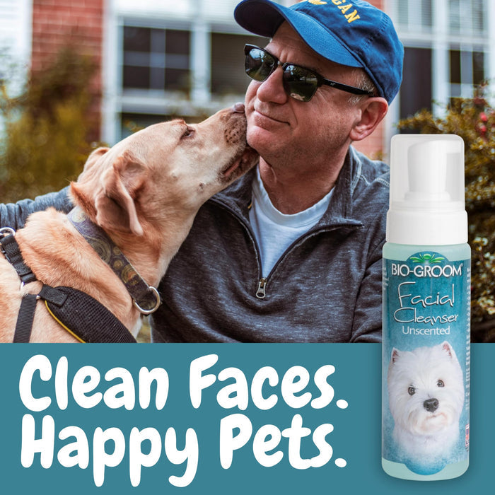 Man being licked by a tan dog beside a Bio-Groom Facial Cleanser bottle, text 'Clean Faces. Happy Pets.'