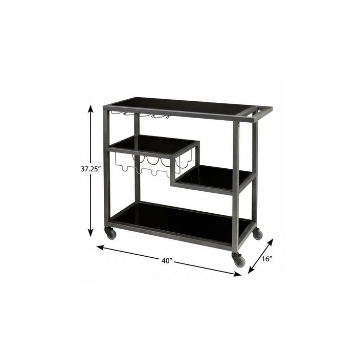 Black and Gray Glass Rolling Bar Cart With Wine Storage