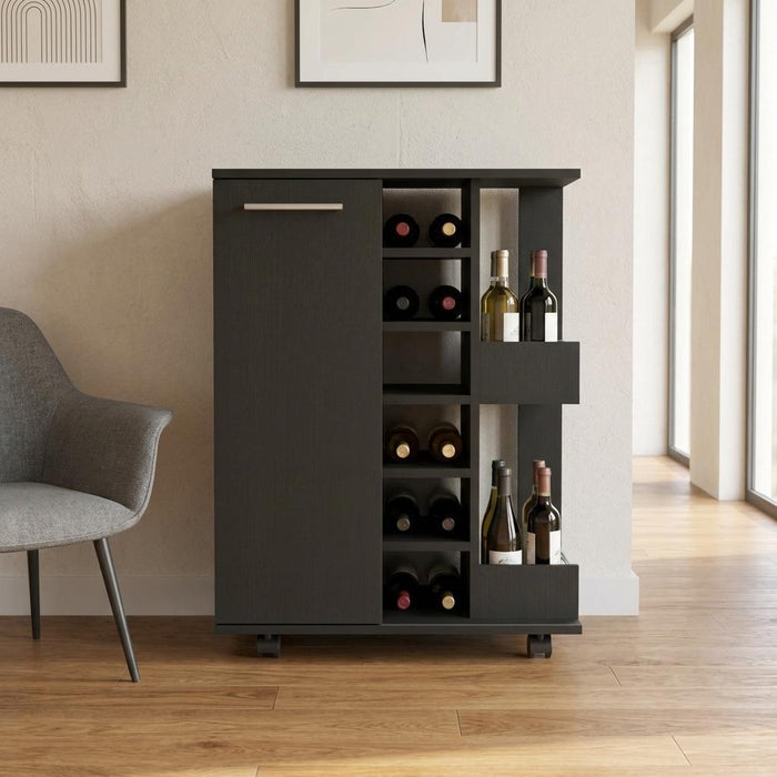Black Rolling Bar Cart With Wine Storage