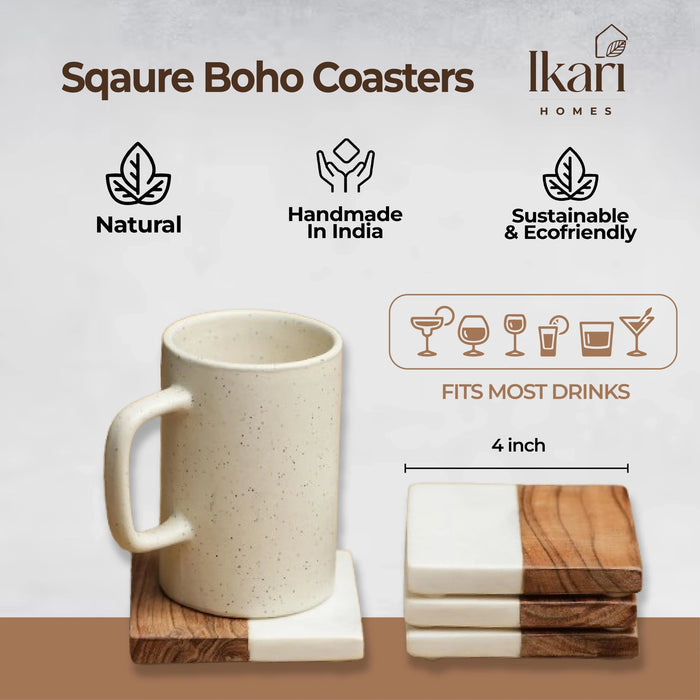 Boho Square Coasters – Natural Marble and Wood Blend (Set of 4)