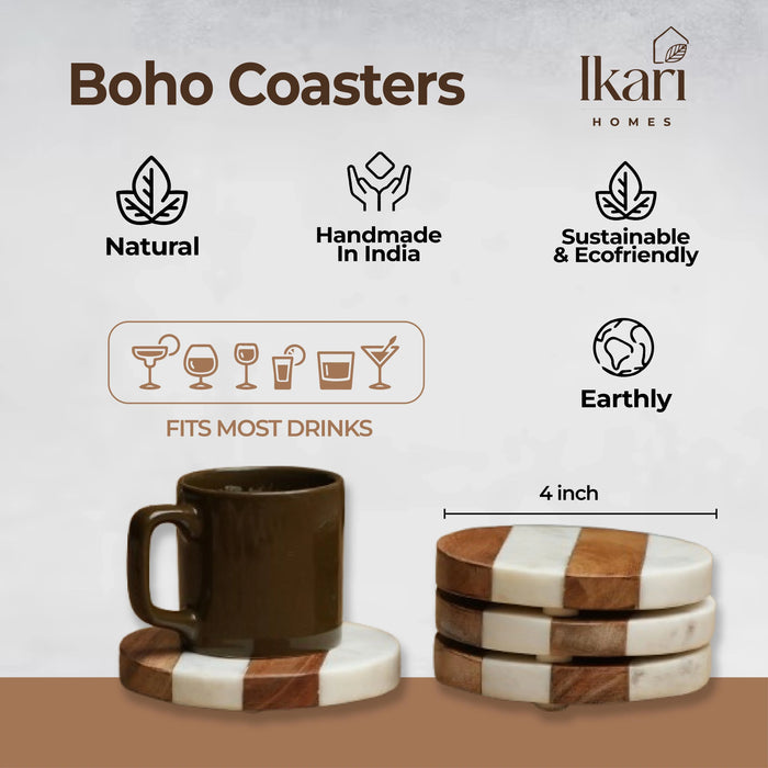 Boho Terra Duo Round Marble & Wood Coasters, Set of 4