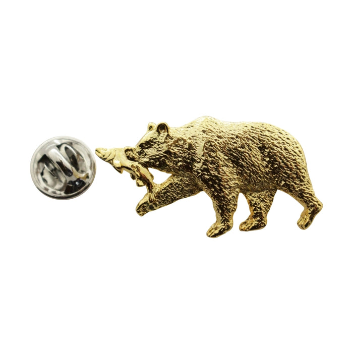 Brown Bear With Salmon Pin ~ 24K Gold ~ Lapel Pin ~ Sarah's Treats & Treasures
