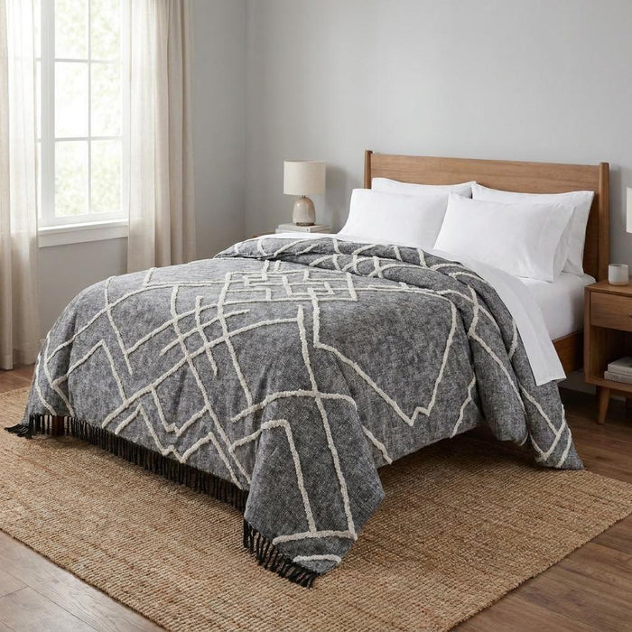 Charcoal and Off White Geometric Queen Cotton Coverlet With Fringe