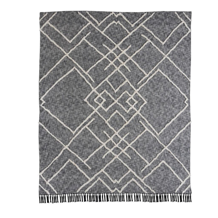 Charcoal and Off White Geometric Queen Cotton Coverlet With Fringe
