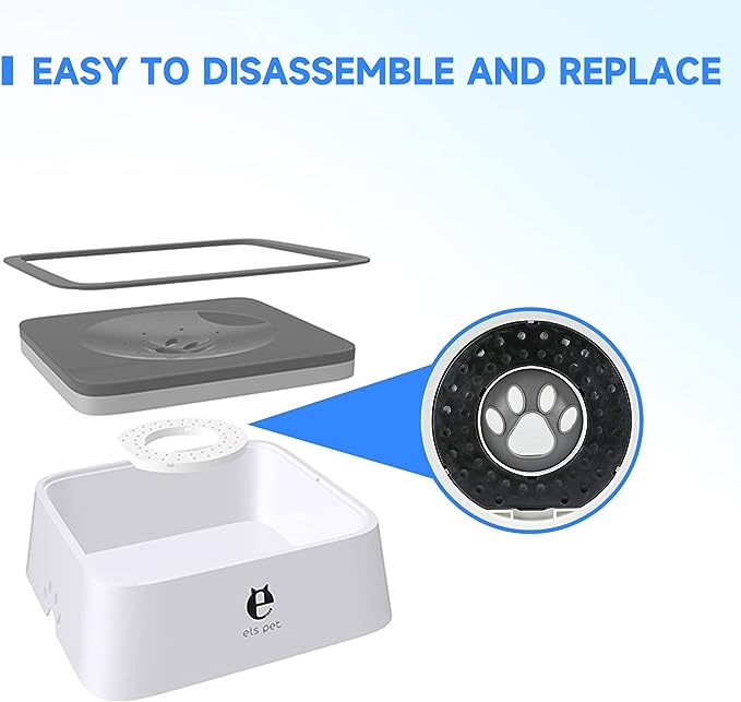 Exploded view of an anti-splash pet bowl showing the charcoal filter disc and lid layers