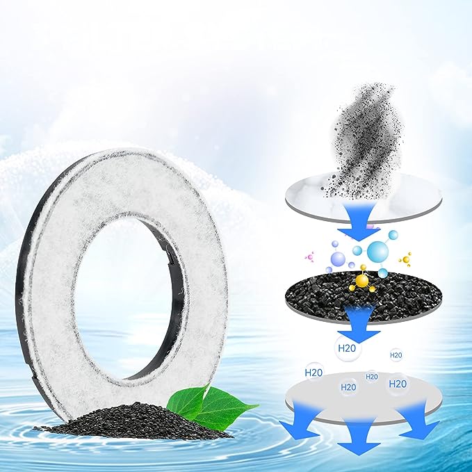 Diagram showing how the charcoal filter purifies water through activated carbon