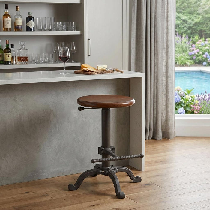 Chestnut And Gray Solid Wood And Steel Backless Adjustable Height Swivel Bar Chair