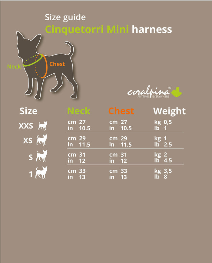 Size guide chart for the Cinquetorri Mini harness showing neck, chest and weight measurements by size