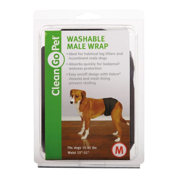 Clean Go Pet Washable Male Wrap packaging, size Medium, showing a dog wearing the wrap