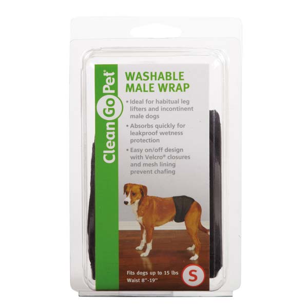 Clean Go Pet Washable Male Wrap packaging, size Small, showing a dog wearing the wrap