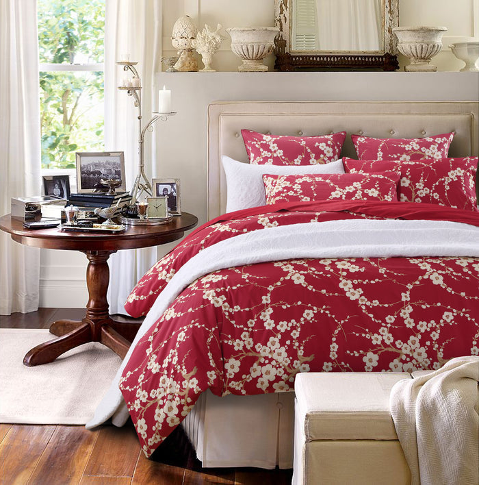 Custom Red Plum Blossom Floral Bedding Set Oriental Chinese Style Duvet Cover Set With Solid Red Bed Sheet