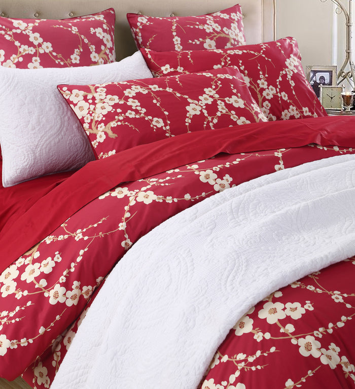 Custom Red Plum Blossom Floral Bedding Set Oriental Chinese Style Duvet Cover Set With Solid Red Bed Sheet
