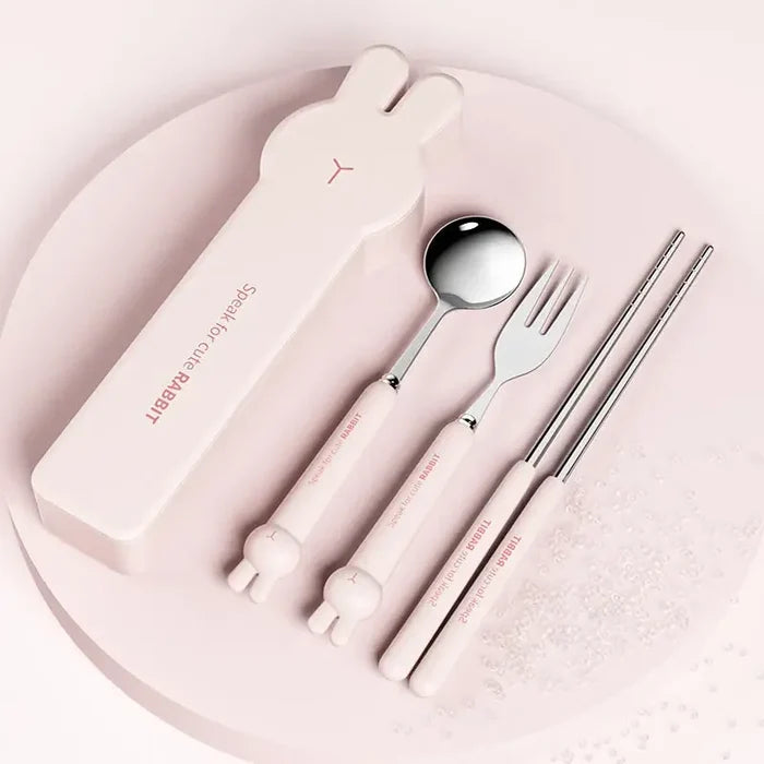 Cute Rabbit 304 Stainless Steel Tableware Spoon Fork Chopsticks Cartoon Student Children Good Gift Cutlery Set