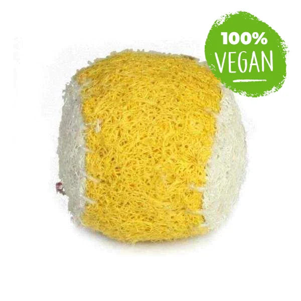 Yellow and white loofah dental ball dog toy shown close up with a 100% Vegan badge