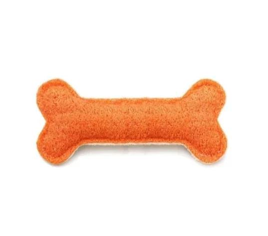 Orange loofah bone-shaped dental chew toy for dogs