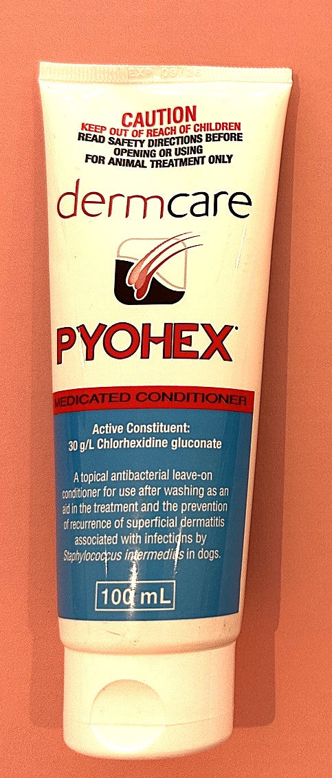 Tube of Dermcare Pyohex medicated antibacterial conditioner for dogs, 100mL