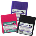 Three Happy Hoodie ear covers in purple, pink and black with packaging labels