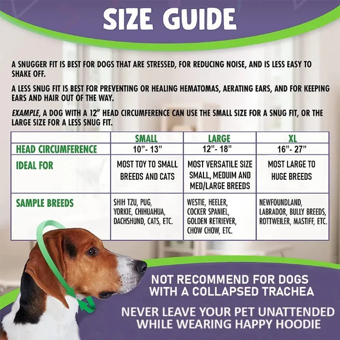 Happy Hoodie size guide chart showing small, large and XL sizing by breed