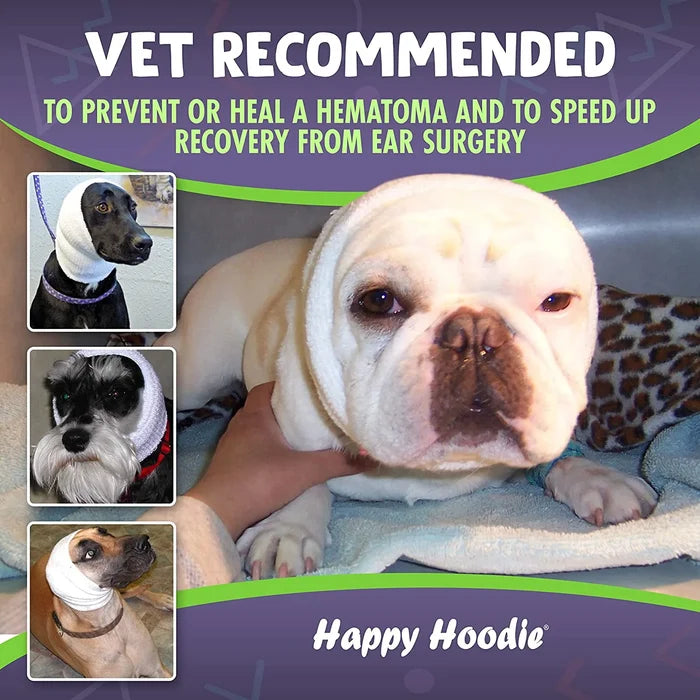Happy Hoodie vet-recommended ear covers shown on three different dogs, promoting hematoma prevention