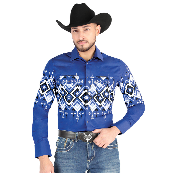 “El General men’s blue and white Aztec print Western shirt – front view