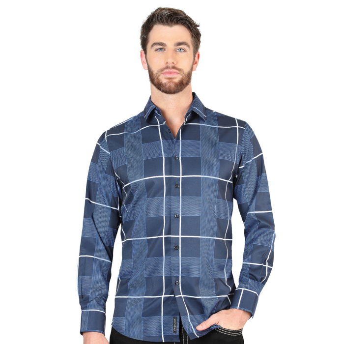 El General Men’s Blue & White Windowpane Long Sleeve Western Shirt