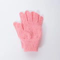 Single pink textured exfoliating washing glove laid flat