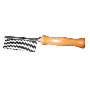 Small fine-tooth grooming comb with wooden handle and stainless steel teeth