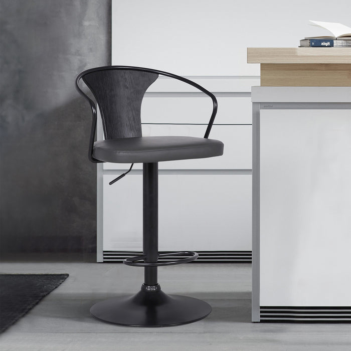 Gray And Black Fabric And Iron Low Back Adjustable Height Swivel Bar Chair