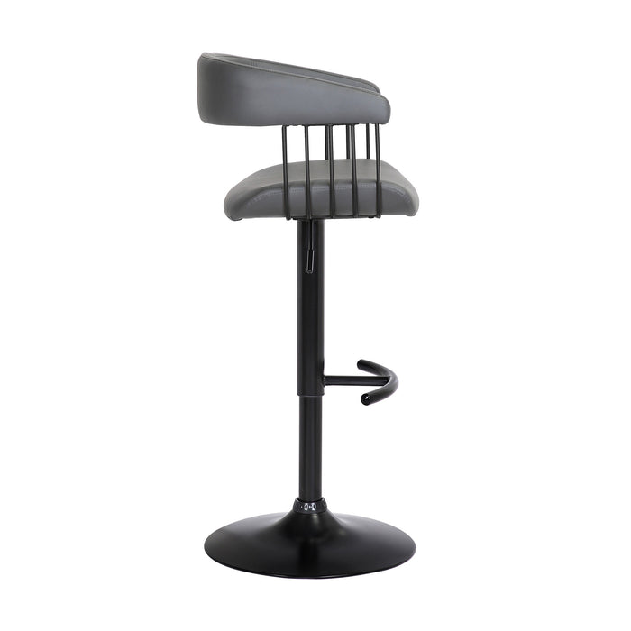 Gray And Black Faux Leather And Fabric And Metal Adjustable Height Swivel Bar Chair