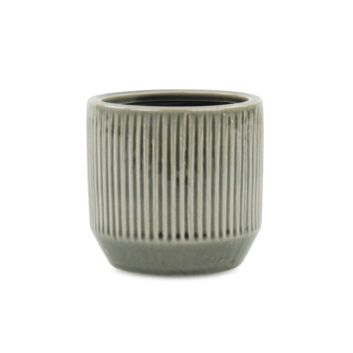 Gray Ceramic 17 Ounce Striped Round Distressed Pot Planter