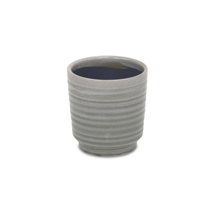 Gray Ceramic 19 Ounce Striped Round Distressed Pot Planter