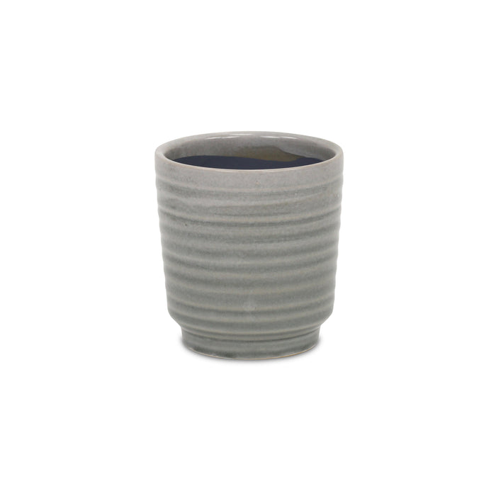Gray Ceramic 19 Ounce Striped Round Distressed Pot Planter
