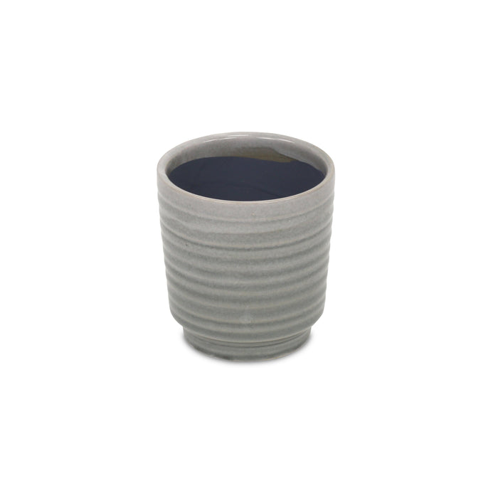 Gray Ceramic 19 Ounce Striped Round Distressed Pot Planter