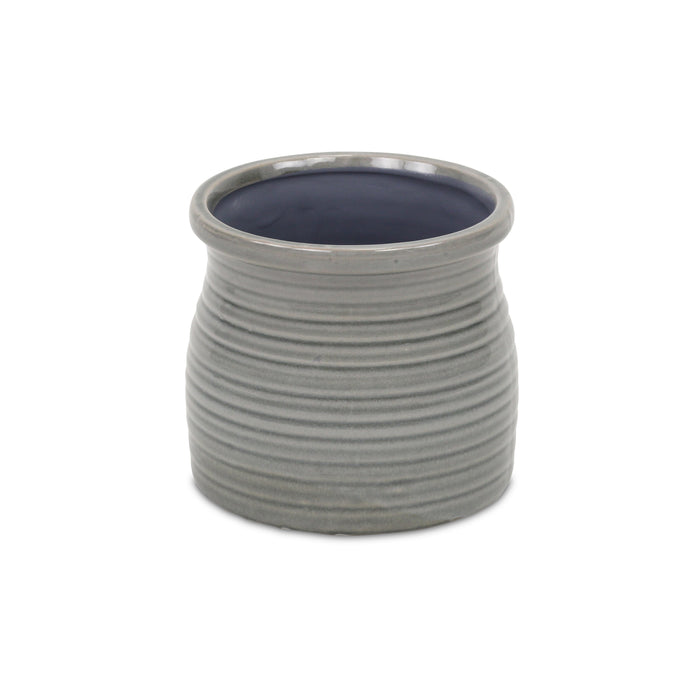 Gray Ceramic 51 Ounce Striped Round Distressed Pot Planter