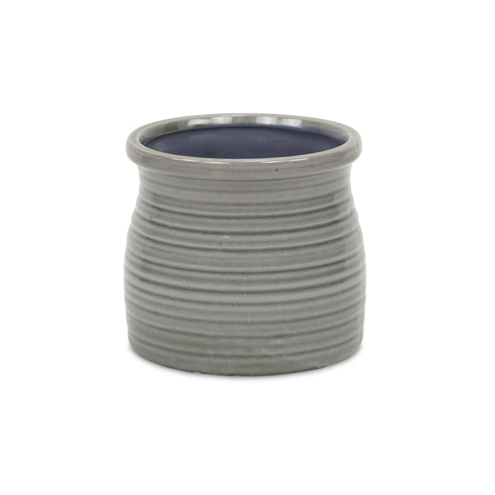 Gray Ceramic 51 Ounce Striped Round Distressed Pot Planter