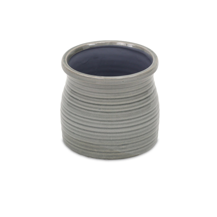 Gray Ceramic 51 Ounce Striped Round Distressed Pot Planter