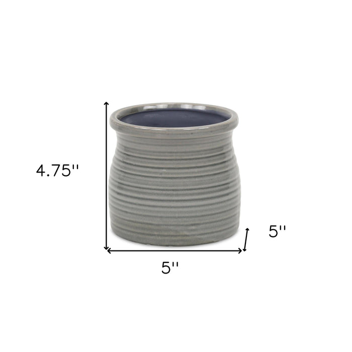 Gray Ceramic 51 Ounce Striped Round Distressed Pot Planter