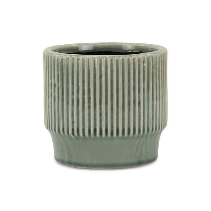 Green Ceramic 41 Ounce Striped Round Distressed Pot Planter