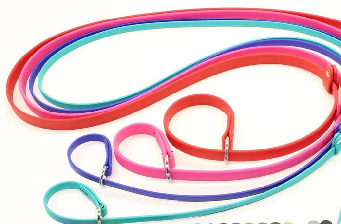 Assortment of coloured GroomTech Biothane slip leads in pink, red, blue, teal and purple