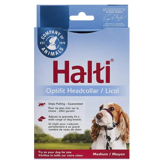 HALTI Optifit Headcollar packaging, medium size, showing a spaniel wearing the head collar
