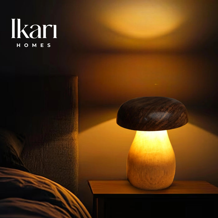 Handcrafted Wooden Mushroom Lamp – Whimsical Glow, Natural Charm