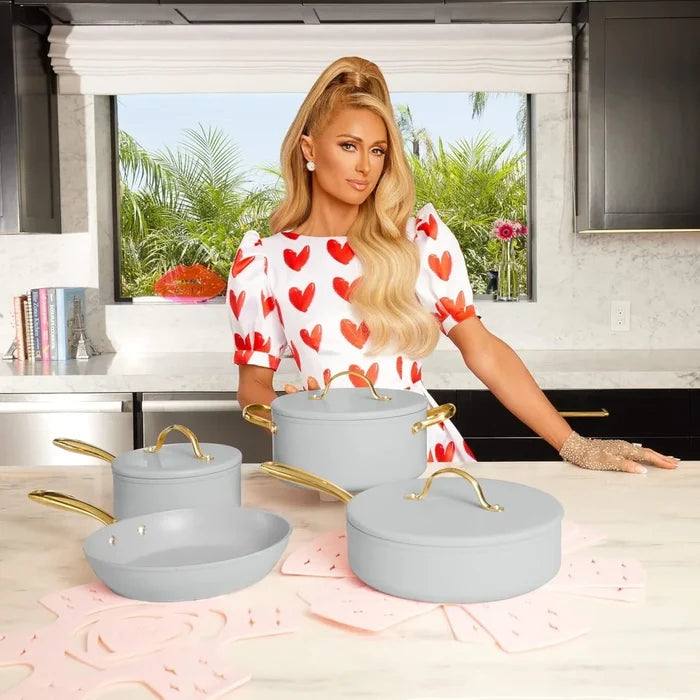 Iconic Nonstick Pots and Pans Set, Multi-layer Nonstick Coating, Matching Lids With Gold Handles, Made without PFOA