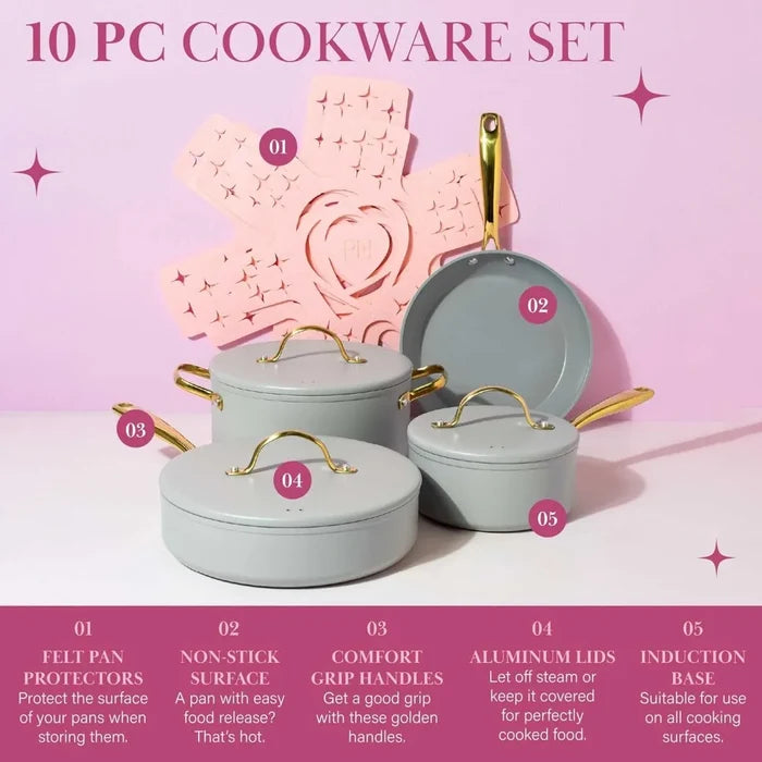 Iconic Nonstick Pots and Pans Set, Multi-layer Nonstick Coating, Matching Lids With Gold Handles, Made without PFOA